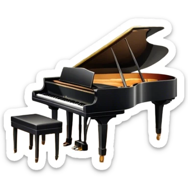 Icon for Musical Theater: a stage with a grand piano, musical notes, a spotlight and theatrical curtains. The icon should represent the fusion of music and theater, with emphasis on performance and orchestration. Transparent background. sticker