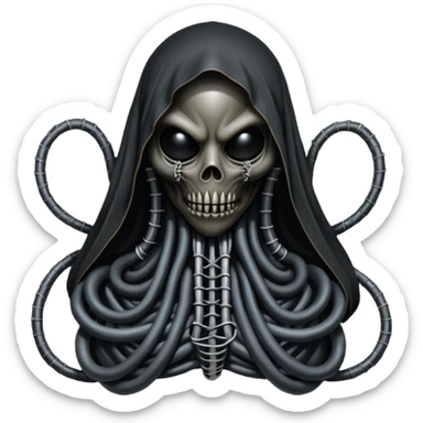 organic black wires merging into a monstrous occult creature, draped in black rags and bondage, Giger-esque sticker