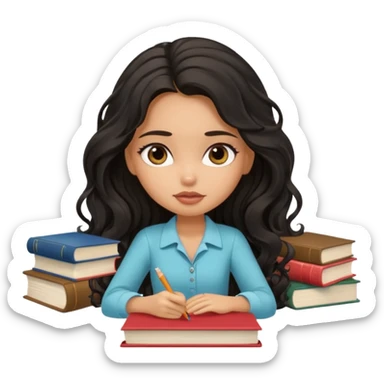 a pretty tan bratz girl with black wavy long hair studying. Pile of books on the table. No glasses. Looks tired sticker