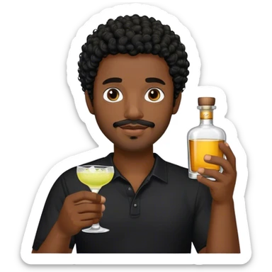 dark black guy, short black curly hair, facial hair, holding tequila, black shirt  sticker