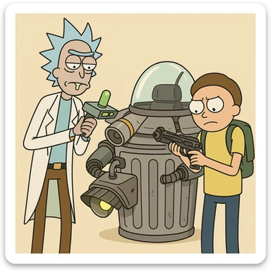 Rick and Morty preparing for new adventune. The're checking their equipment. And they trashcan space ship sticker
