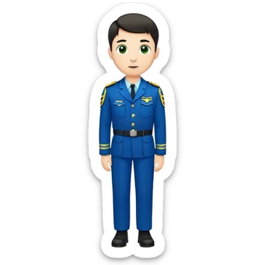 full body white male with dark short hair wearing blue and green uniform sticker