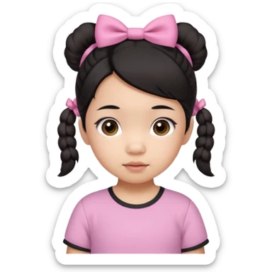 mixed 1 year old girl asian and american with short pigtails and cute bows i dark brown/black hair with big brown eyes emoji in a pink shirt sticker