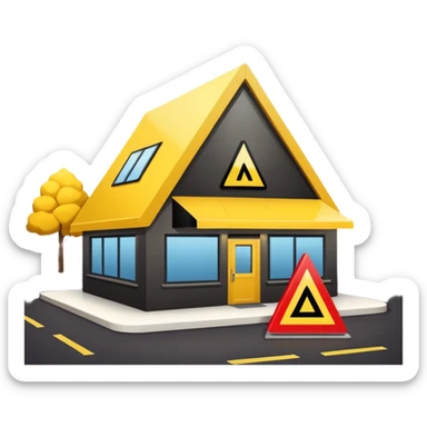 restaurant building with yellow warning triangle sign, caution sticker