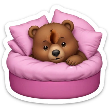 A cute brown bear in a pink bed, tucked in and looking forward, trying to fall asleep. sticker