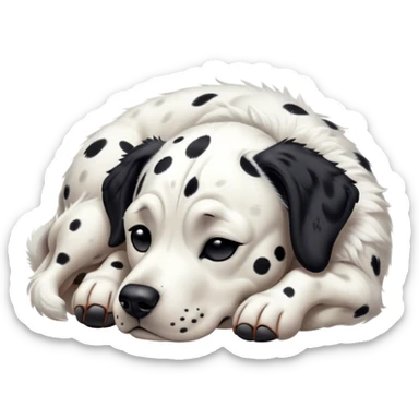 Meme-Worthy Cute Sleeping Spotted Dalmatian Portrait Emoji, Head resting peacefully with a contented smile, showcasing a delightfully majestic build and a luxuriously soft Fur of predominantly white with bold black patches, eyes shut in a serene nap, Simplified yet hilariously adorable features, highly detailed, glowing with a soft, drowsy light, high shine, relaxed and utterly lovable, stylized with an air of playful laziness, bright and heartwarming, soft glowing outline, capturing the essence of a comically sleepy guardian, so meme-worthy it feels like it could instantly become the next viral sensation of adorable slumber! sticker