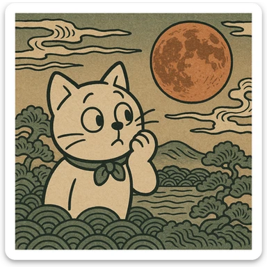 ukiyo-e style blood moon, traditional Japanese illustration sticker