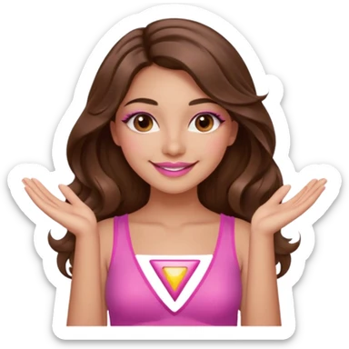 girl with long wavy brown hair, brown eyes, long lashes, sexy pink lips, light to medium complexion, wearing a pink sexy top, smiling, hands together in a tryangle sticker