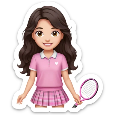 1 cô gái tóc đen nâu xoăn nhẹ dài ngang lưng, miệng cười tươi, mắt long lanh to tròn, make up tone hồng ngọt ngào. Mặc áo sơ mi hồng caro nhỏ, bên trong mặc áo thun trắng, chân váy tennis trắng xếp ly. Mang giày thể thao trắng sticker