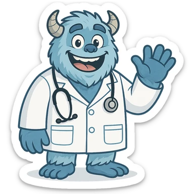 blue yeti with a big smile, in a doctor's white coat, stethoscope around neck, friendly and welcoming sticker