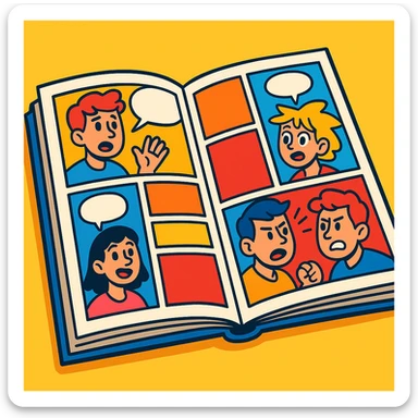 open comic book pages in vibrant cartoon style, showing panels, expressive characters, speech bubbles sticker