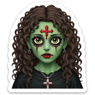 Zumbi verde com olhos castanhos aspecto de que tá sangrando, com cabelo marrom cacheado longo um piercing do lado esquerdo do nariz, roupa preta e crucifixo como colar, e também delineador  sticker