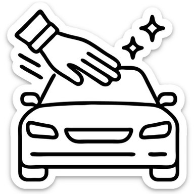 outlined icon of an elegant hand with white glove on the hood of a premium car, drops or shine, clean lines, black and silver, smooth motion lines for cleaning, modern look sticker