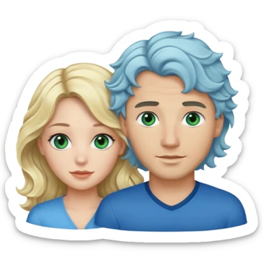 esposos, mujer rubia de ojos azules y pelo semi tomado ondulado, hombre de pelo negro con un mechon blanco ondulado, atractivo de ojos verdes sticker