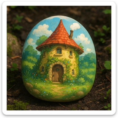 a painted rock, ghibli style, soft shading, whimsical and detailed sticker