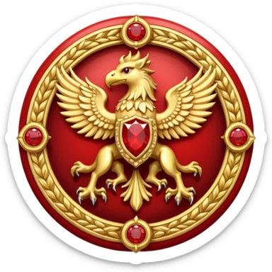 Golden griffin crest / brosch in a circle with two red gems and no background sticker