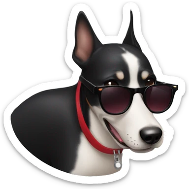 Black very short hair female large dog with sunglasses and red lips  smiling with the tongue outside the mouth . Her face is thin and she has very short hair and big ears sticker