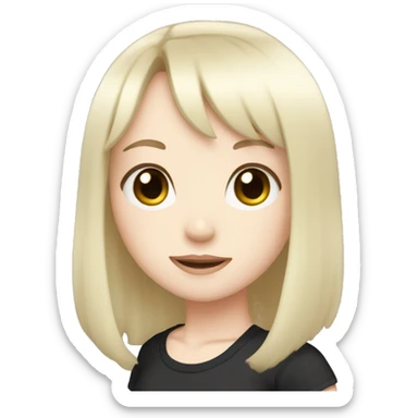 A girl with straight hair pale skin and bangs black hair and an anime t shirt sticker