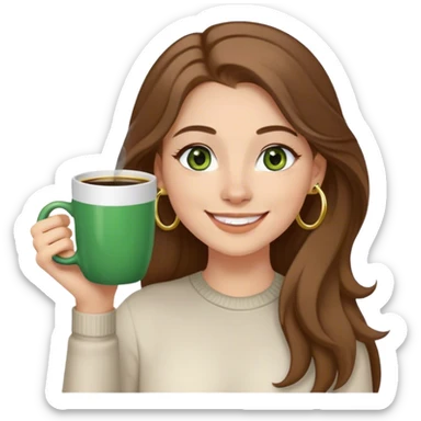 Long, Brown haired girl with middle hair part, green eyes, gold hoop nose ring, smiling, waving with one hand, coffee mug in the other sticker