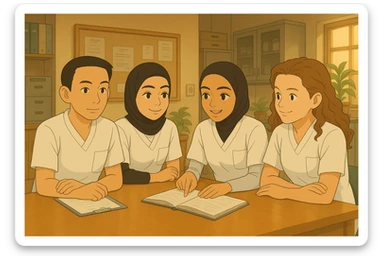 Depict the four nursing students from the provided photos, discussing and collaborating in a care station, Ghibli style. White uniforms, V-neck tunics, left chest pocket, short sleeves, no classic collar, no stethoscopes, nothing protruding from the sleeves. Team atmosphere. sticker