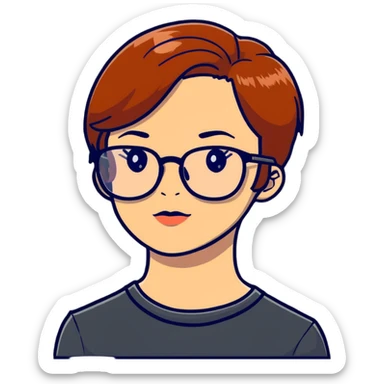 woman in her 20s with auburn pixie cut (side part) and glasses sticker