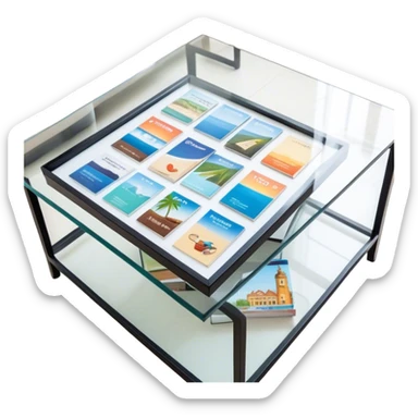 Travel brochures on glass coffee table sticker