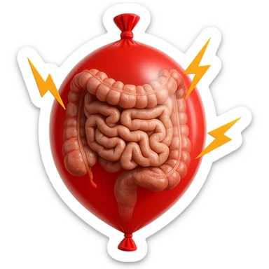 intestino umano anatomico chiuso in un palloncino rosso che simboleggia gonfiore, accanto simboli di fulmini e che simboleggiano "dolore", iperrealistico 4k sticker