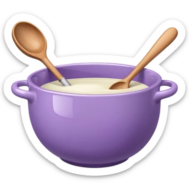 a lilac ceramic mixing bowl with a wooden spoon stirring sticker
