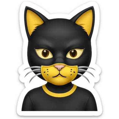 a black cat with yellow mask and shirt, half upon
 sticker