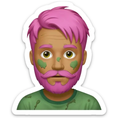 pink haired man with full full face dirty messy green clay mask and beard sticker