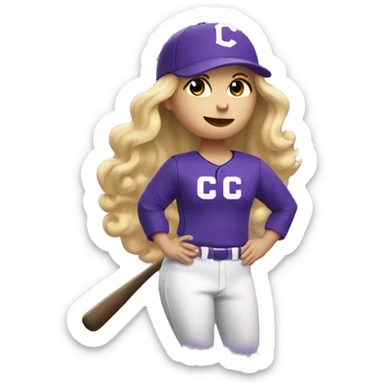 baseball card character. white female. long blonde hair. letter C logo. Purple and white uniform.  sticker