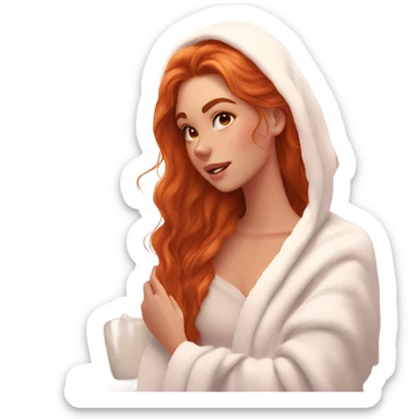 Girl putting cream on face bathroom red orange hair orange brown eyes beautiful face thick eyelashes pink lips gorgeous skinny fair skin white aesthetic tall girl doing skincare cozy robe hair in white towel sticker