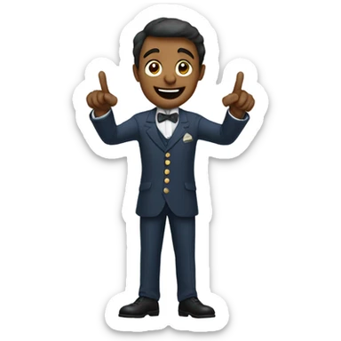 the guy in the costume points two hands to the right.
 sticker