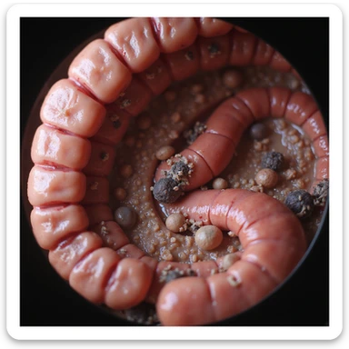 hyperrealistic 4K view of female intestine, altered microbial flora, visible bacteria and fungi, swollen and reddened walls, clinical atmosphere sticker