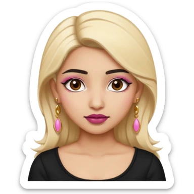 Sweet Indian girl blonde hair darkbrow eyes brown lipstick, pink blush, black top gold earrings, brown eyebrows  sticker