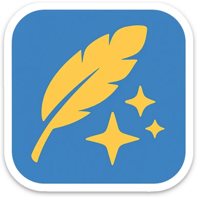 Reimagine the Wonderdraft logo in a minimalistic, flat blue style consistent with previous icons. Place the yellow feather and stars inside a blue rounded rectangle, using clean, simple lines. The rectangle should be in shades of blue, the feather and stars should remain yellow/gold for contrast. Fully transparent background, minimal use of other colors, prioritize clarity and recognizability. sticker