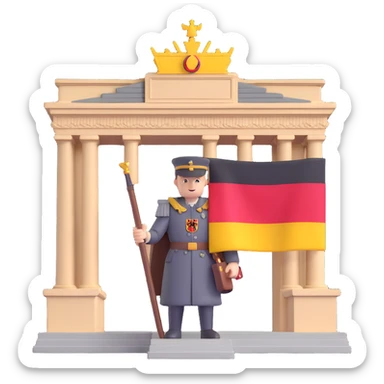 Add more German symbolism to the universal character in 3D style, including the German coat of arms, flag, and possibly the silhouette of the Brandenburg Gate or other recognizable German elements. Keep the 3D style and transparent background. sticker