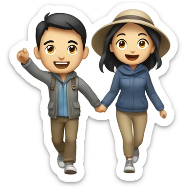 Cute young  Asian couple excitedly traveling  sticker