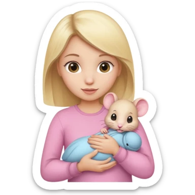 A blonde and brunette girl holding baby mouse sticker