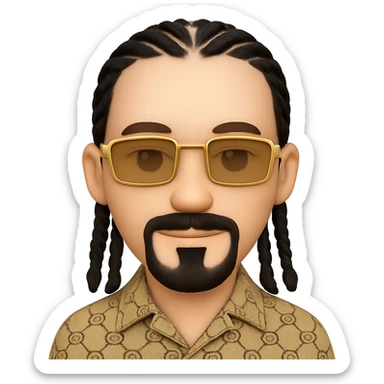 emoji of a thin-faced smiley with light skin, chin-only beard, mustache above upper lip, no hair under lower lip, intricate black braids, gold rectangular sunglasses, beige GG patterned shirt with collar, transparent background, match reference photo details sticker
