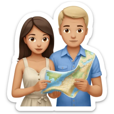 Russian man and elegant fair-skinned Latina girl in costal outfits with a map planning  sticker