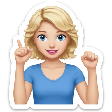 Girl Blonde short wavy hair,  blue eyes, cute blue top, long lashes, pink lips, smiling, fist bump sticker