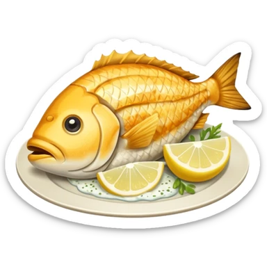 Create a realistic fried fish piece served with sauce & garnish. sticker