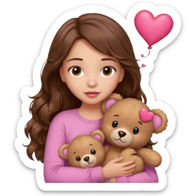 girl with long wavy brown hair, brown eyes, light to medium complexion, in a pink shirt, pink lips, long lashes, hugging squeezing  a teddy bear with hearts sticker
