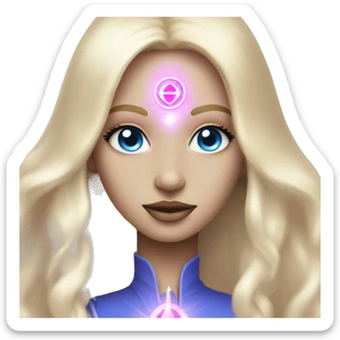 magical diva with thin pink andromedan face long blonde hair and blue eyes glowing third eye sticker