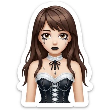 white girl, brown hair, bangs and long hair, dark makeup. Detailed corset top with white paint dripping,  sticker