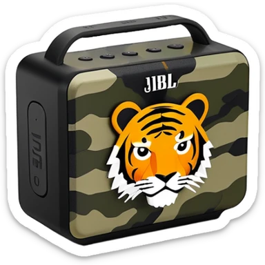 Sleek JBL Go 4 with tiger stripe camouflage pattern, minimal aesthetic, portable speaker, simplified silhouette sticker