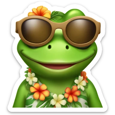 Hawaiian-inspired cartoon frog (Pepe) wearing a traditional Hawaiian shirt, sunglasses, and a flower garland around its neck. sticker