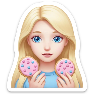 Blonde girl with pale skin and blue eyes and long hair with light pink cookies sticker