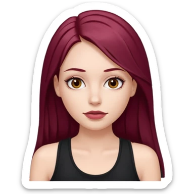 white girl, long straight middle part burgundy hair, brown eyes, long eyelashes, full lips, black tank top sticker